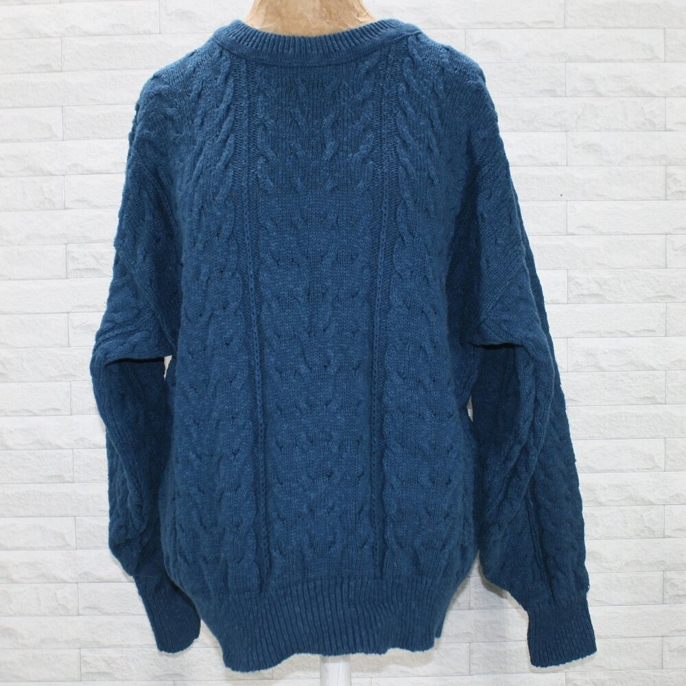 RUFF HEWN Sweater Knit Crewneck Cable Stitch Thick Chunky Striped Teal Men's L